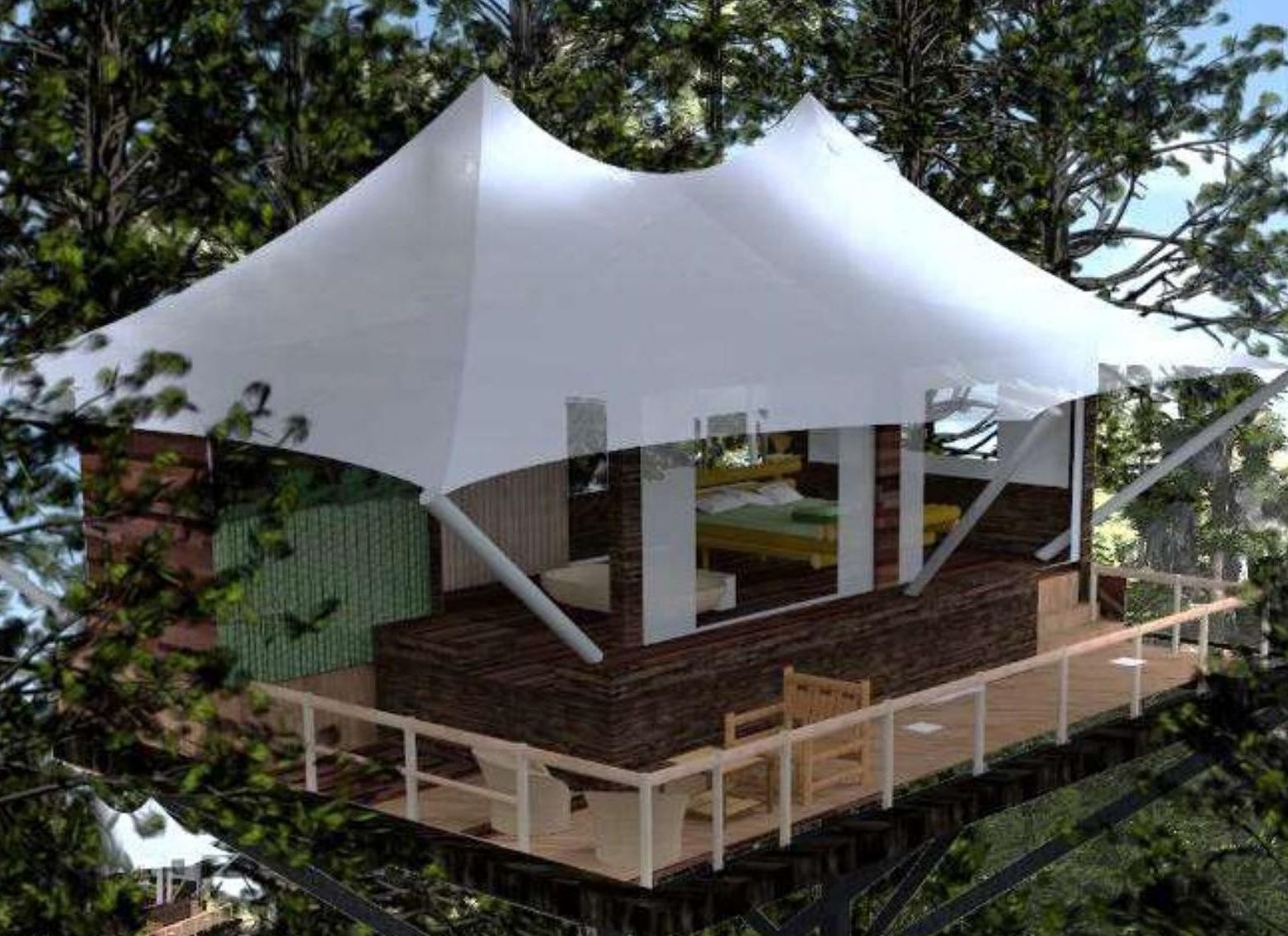 Villa tipo A sobre pilotes con cubierta de velaria entre los pinos